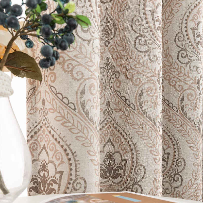 jinchan Linen Textured Curtains for Living Room Darkening 63 Inch Length, Medallion Drapes for Bedroom, Damask Pattern Window Treatments Vintage Curtain Panels, 2 Panels Taupe on Greige - Image 1